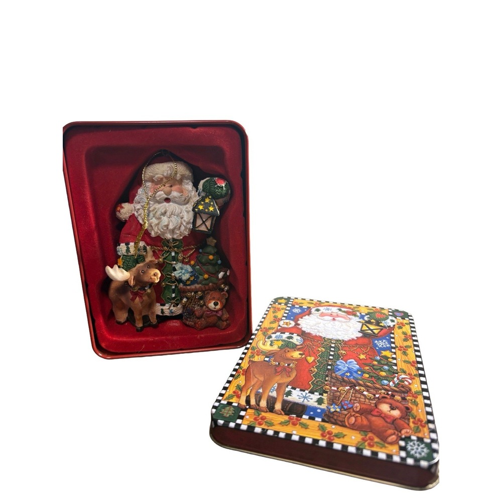 Christmas Grandeur Noel‎ Santa & Reindeer Holiday Hanging Ornament in Tin Box